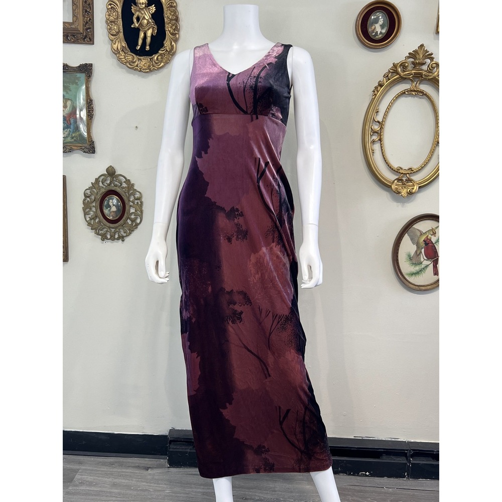 Vintage Y2K Maria Bonita Purple Abstract Landscape Print Maxi Slip Dress Size S